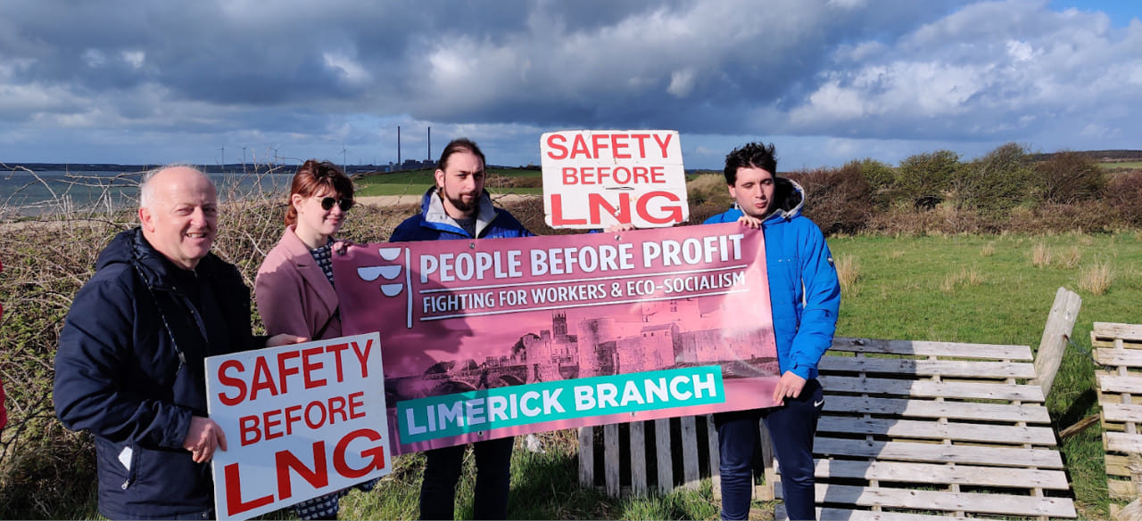 People Before Profit activists Ruairí Fahy and Tim Hannon with Safety Before LNG activists at a recent rally organised by Extinction Rebellion at the site of the proposed Shannon LNG terminal in Tarbert, County Kerry