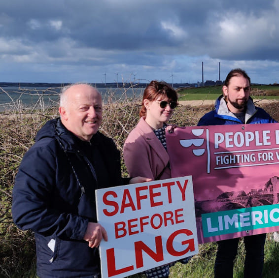 People Before Profit activists Ruairí Fahy and Tim Hannon with Safety Before LNG activists at a recent rally organised by Extinction Rebellion at the site of the proposed Shannon LNG terminal in Tarbert, County Kerry