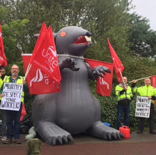 Unite workers hold a protest outside Murphy Construction Group's headquarters in Newbridge Co. Kildare with "Scabby", a giant inflatable rat signifying that Murphy had taken an anti-trade union action and holding up banners saying "Murphy - treat your workers with respect"